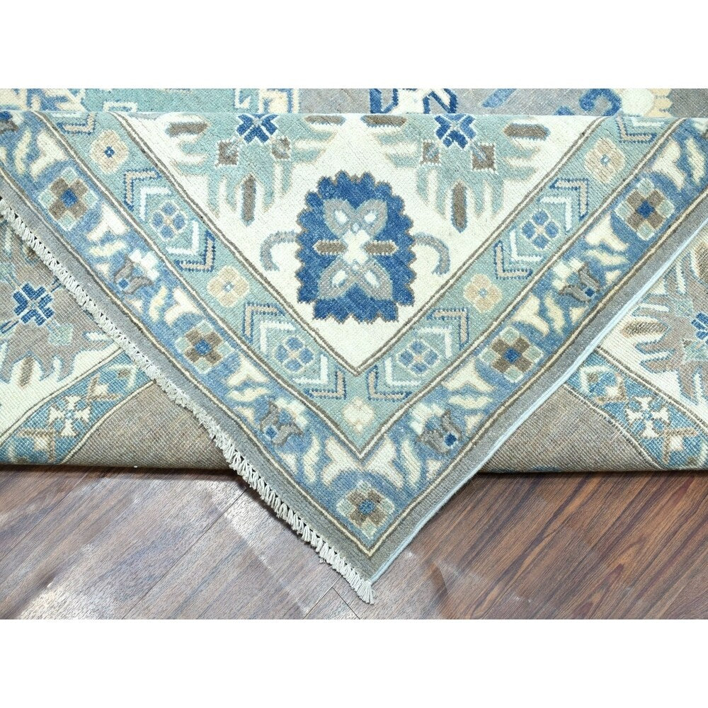 Shahbanu Rugs Gray Vintage Look Kazak Geometric Design Pure Wool Hand Knotted Oriental Rug (10'0" x 14'1") - 10'0" x 14'1"