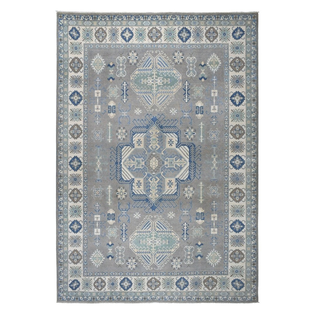Shahbanu Rugs Gray Vintage Look Kazak Geometric Design Pure Wool Hand Knotted Oriental Rug (10'0" x 14'1") - 10'0" x 14'1"