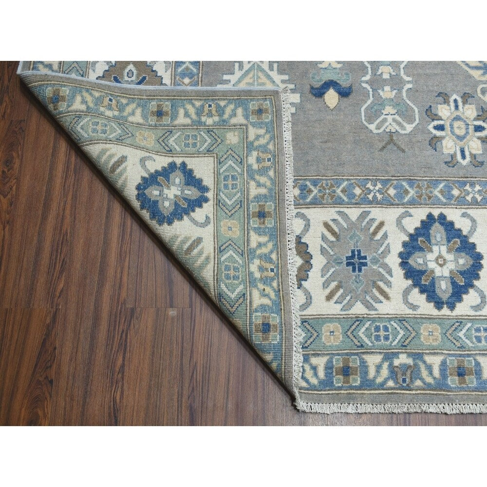 Shahbanu Rugs Gray Vintage Look Kazak Geometric Design Pure Wool Hand Knotted Oriental Rug (10'0" x 14'1") - 10'0" x 14'1"
