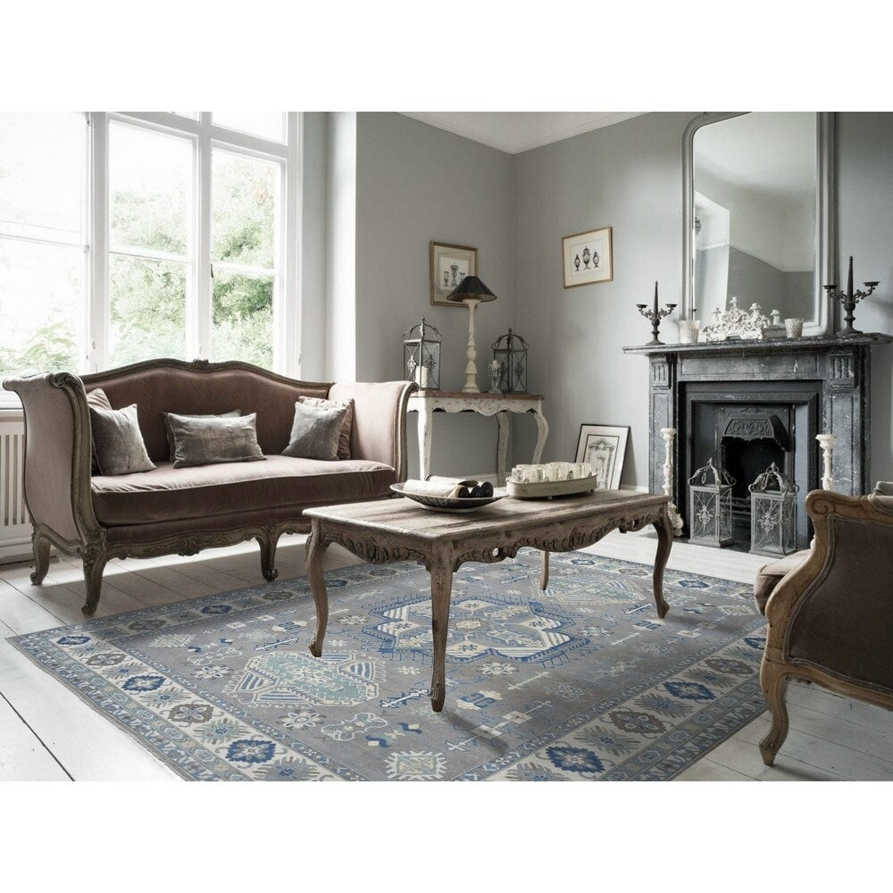 Shahbanu Rugs Gray Vintage Look Kazak Geometric Design Pure Wool Hand Knotted Oriental Rug (10'0" x 14'1") - 10'0" x 14'1"