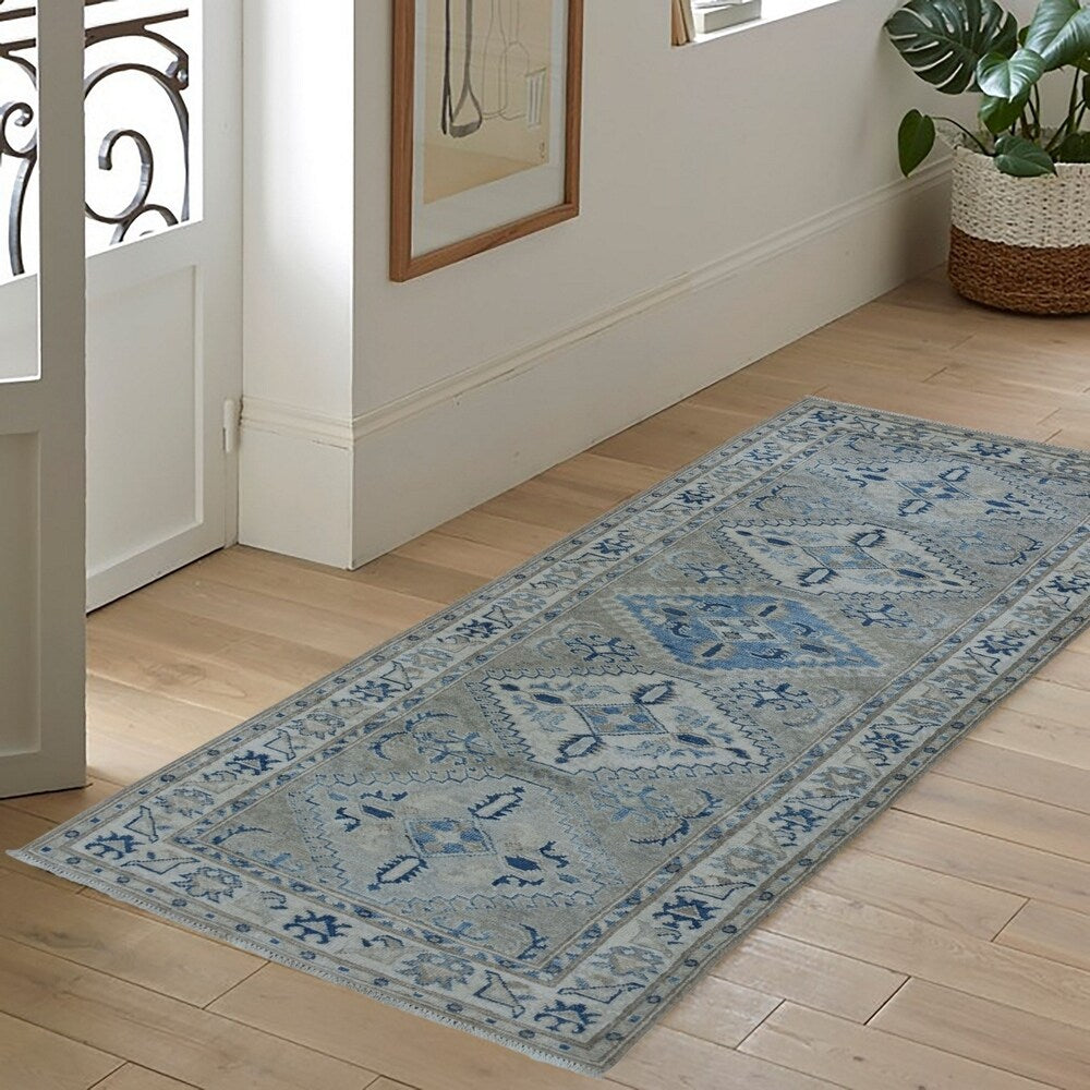 Shahbanu Rugs Gray Vintage Look Kazak Pure Wool Hand-Knotted Oriental Runner Rug (2'7" x 7'11") - 2'7" x 7'11"