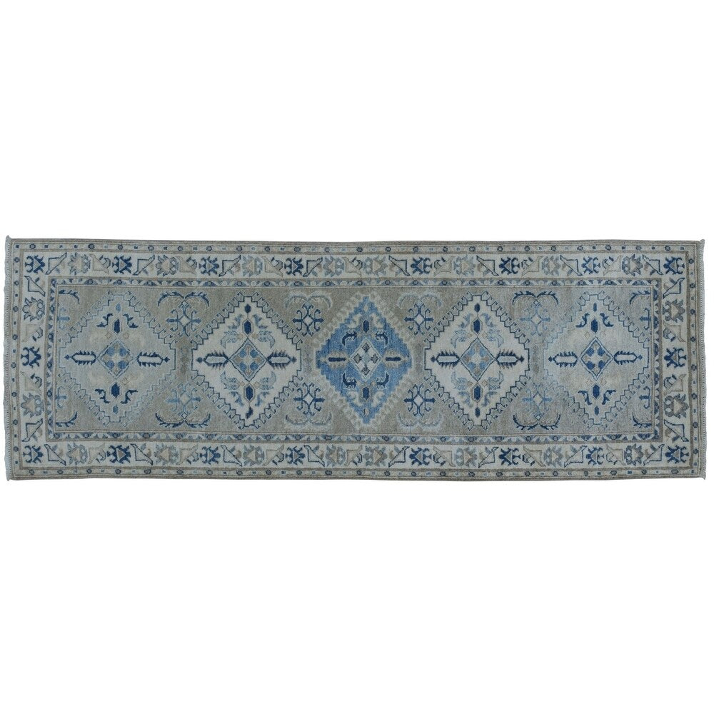 Shahbanu Rugs Gray Vintage Look Kazak Pure Wool Hand-Knotted Oriental Runner Rug (2'7" x 7'11") - 2'7" x 7'11"