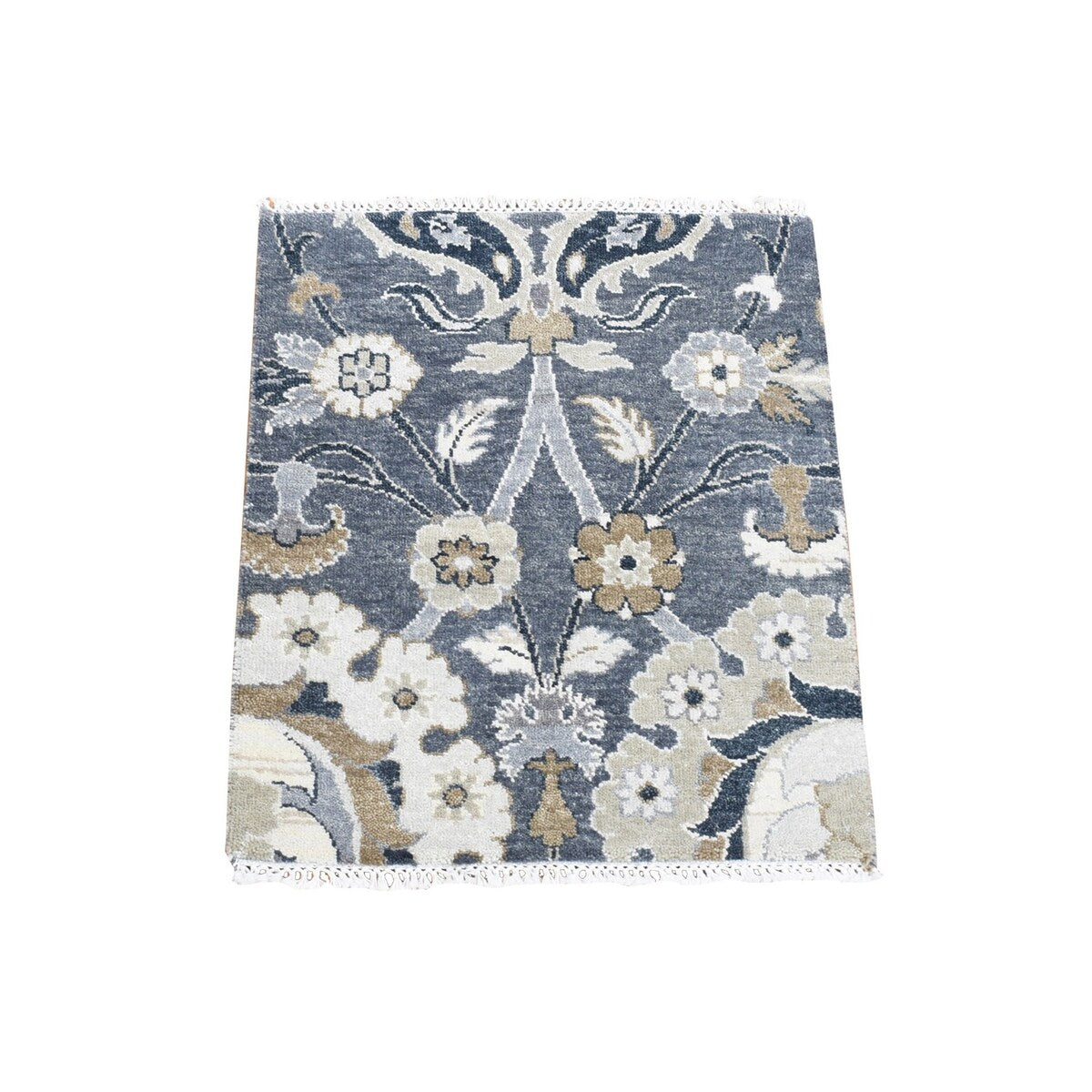 Shahbanu Rugs Gray, 100% Wool, Flower Blossom Design, Hand Knotted, Sample Fragment, Squarish Oriental Rug (2'0" x 2'4")