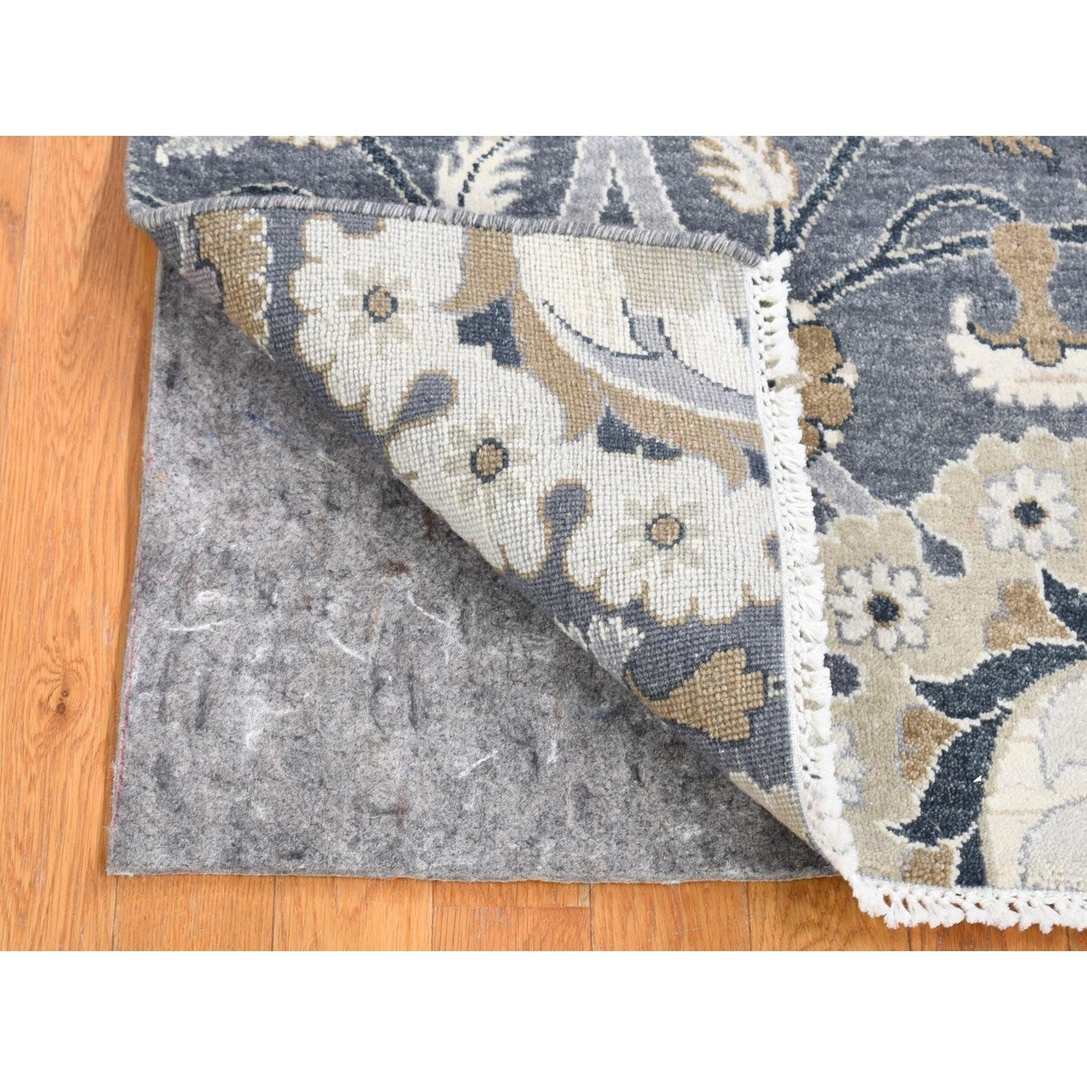 Shahbanu Rugs Gray, 100% Wool, Flower Blossom Design, Hand Knotted, Sample Fragment, Squarish Oriental Rug (2'0" x 2'4")
