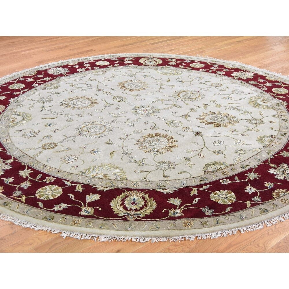 Shahbanu Rugs Hand-Knotted Half Wool and Half Silk Burgundy Rajasthan Round Rug (10'2" x 10'2") - 10'2" x 10'2"
