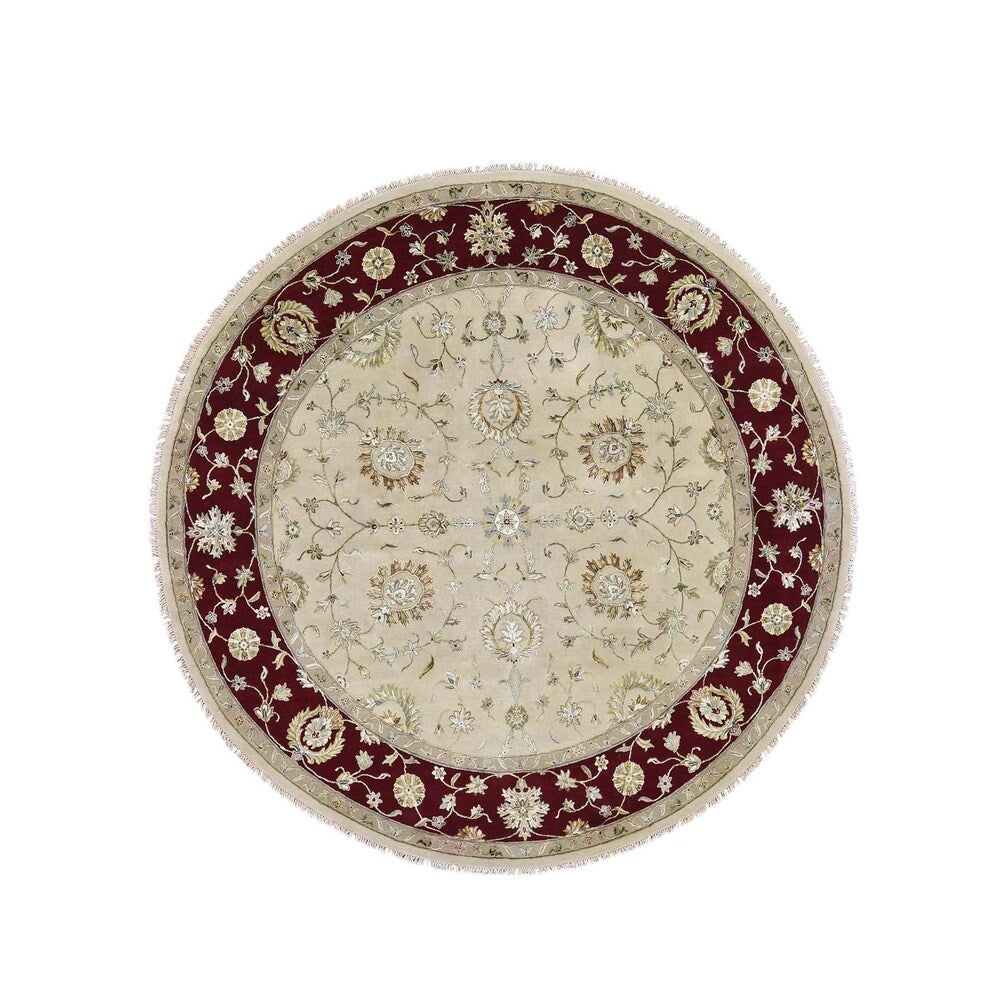 Shahbanu Rugs Hand-Knotted Half Wool and Half Silk Burgundy Rajasthan Round Rug (10'2" x 10'2") - 10'2" x 10'2"