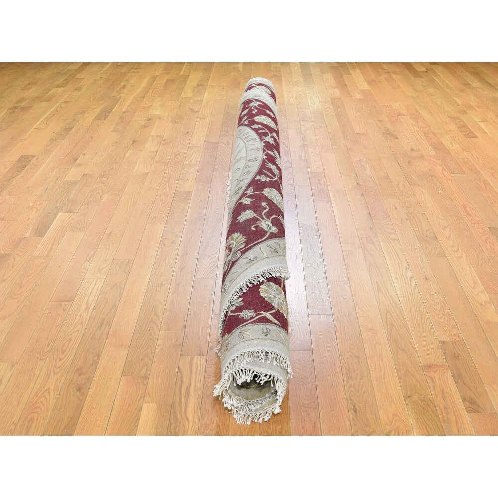 Shahbanu Rugs Hand-Knotted Half Wool and Half Silk Burgundy Rajasthan Round Rug (10'2" x 10'2") - 10'2" x 10'2"
