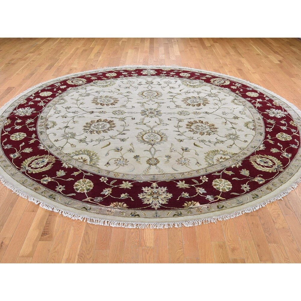 Shahbanu Rugs Hand-Knotted Half Wool and Half Silk Burgundy Rajasthan Round Rug (10'2" x 10'2") - 10'2" x 10'2"