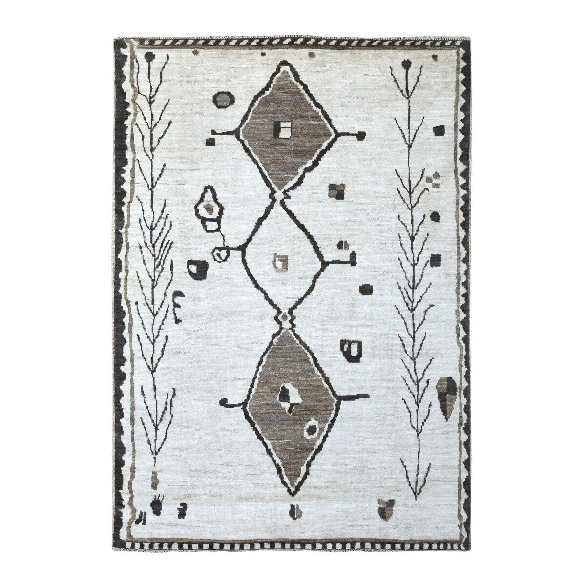 Shahbanu Rugs Hand Knotted Ivory Moroccan Berber with Arts and Crafts Pure Afghan Wool Oriental Rug (6'0" x 8'8") - 6'0" x 8'8"