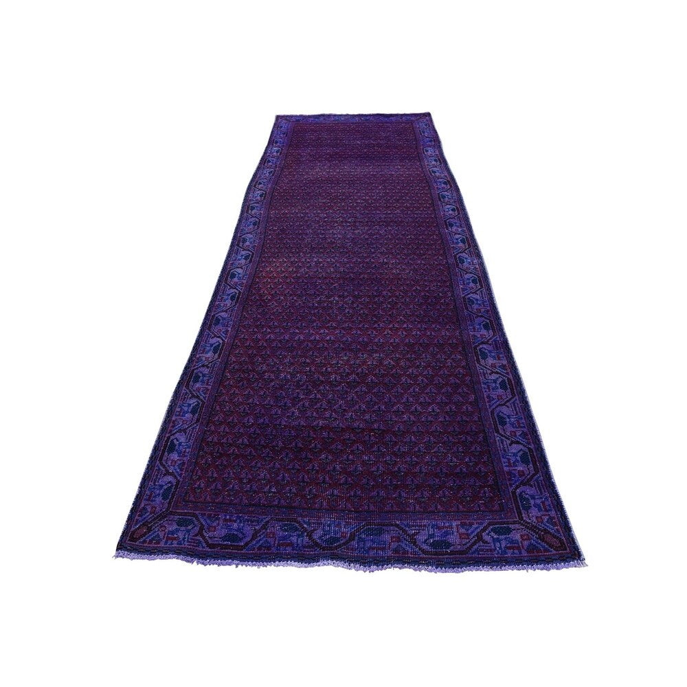 Shahbanu Rugs Hand-Knotted Overdyed Sarouk Mir Worn Pure Wool Oriental Rug (3'4" x 10'1") - 3'4" x 10'1"