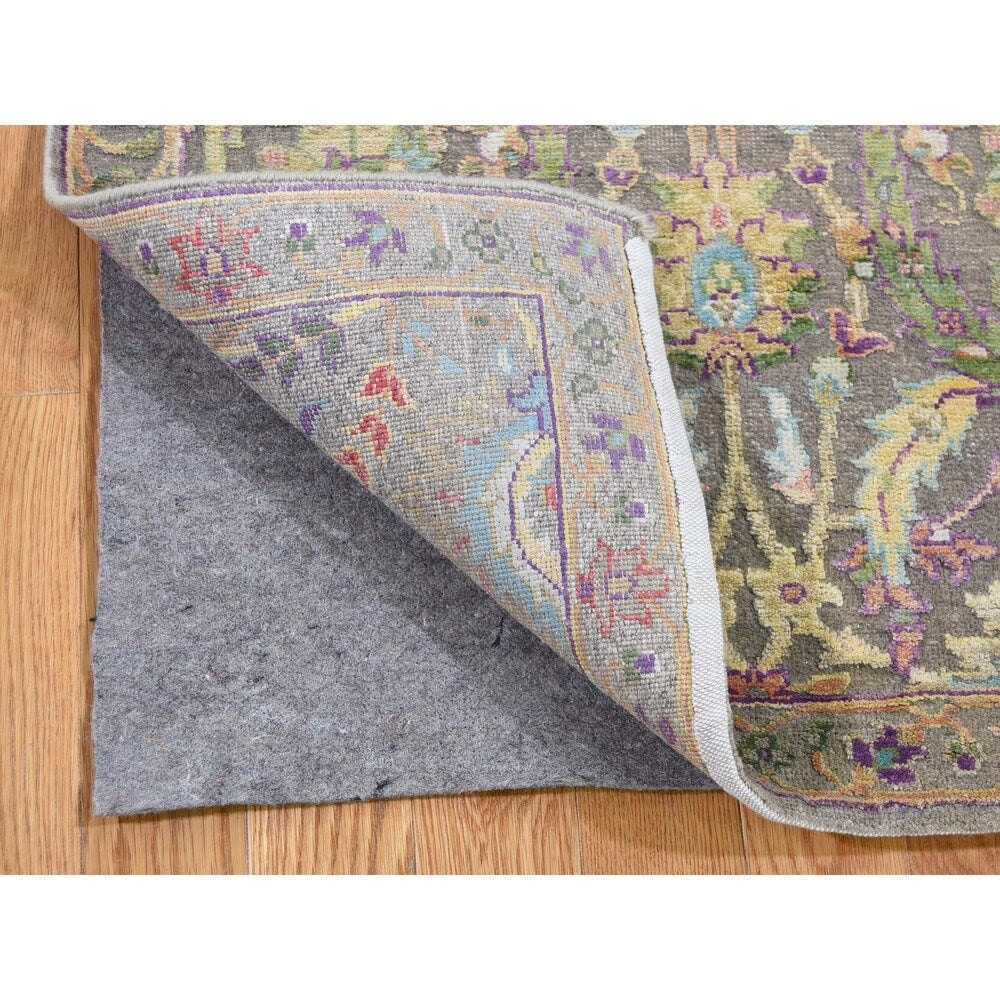 Shahbanu Rugs Hand-Knotted Pure Silk with Oxidized Wool Sickle Leaf Design Runner (2'6" x 6'0") - 2'6" x 6'0"