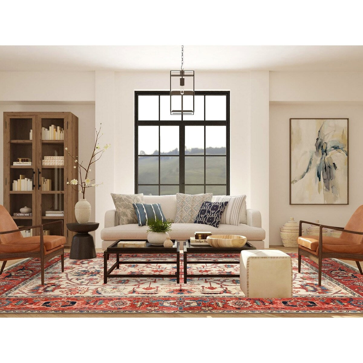 Shahbanu Rugs Hand Knotted Pure Wool Heriz Revival with All Over Design Ivory Oriental Rug (9'0" x 12'2") - 9'0" x 12'2"