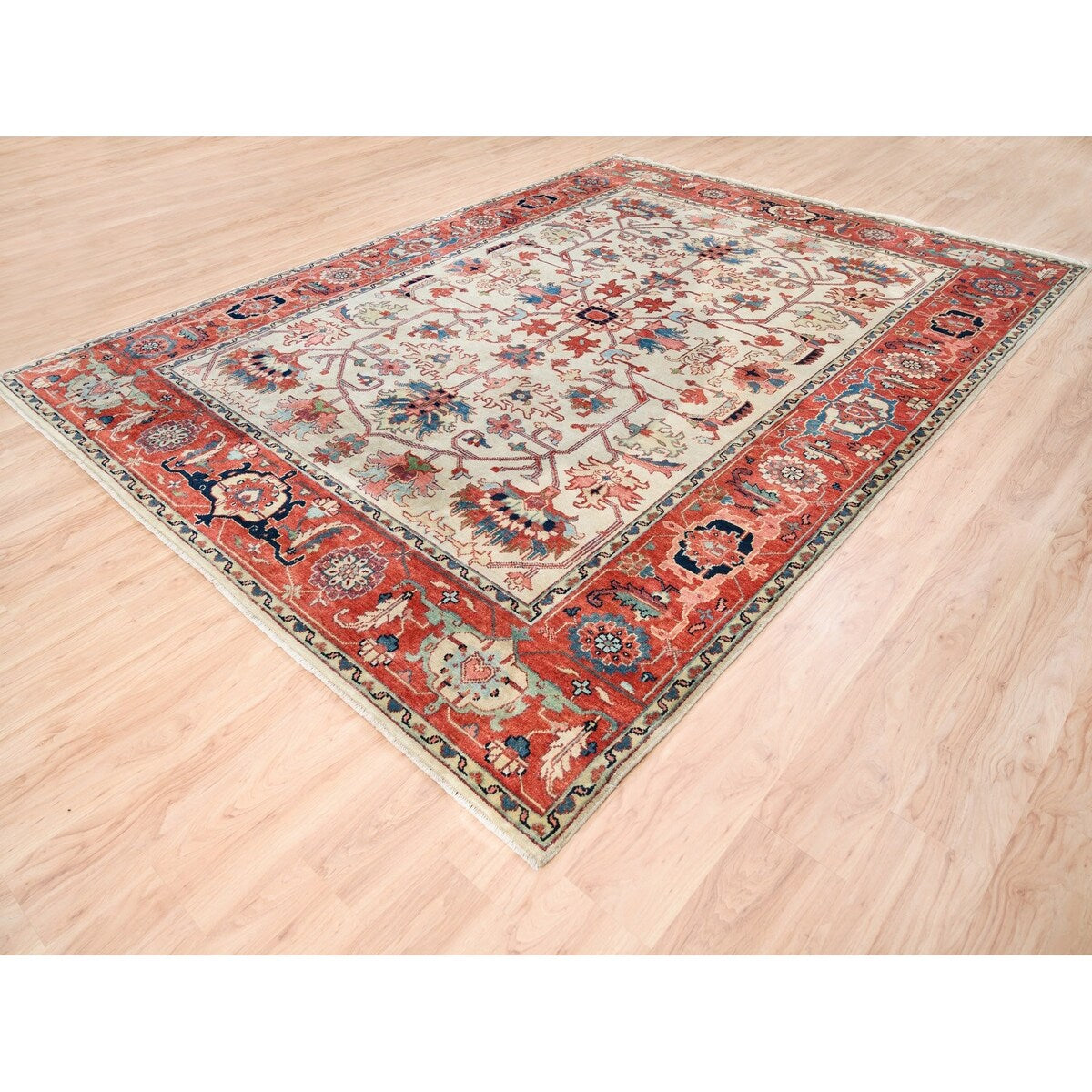 Shahbanu Rugs Hand Knotted Pure Wool Heriz Revival with All Over Design Ivory Oriental Rug (9'0" x 12'2") - 9'0" x 12'2"