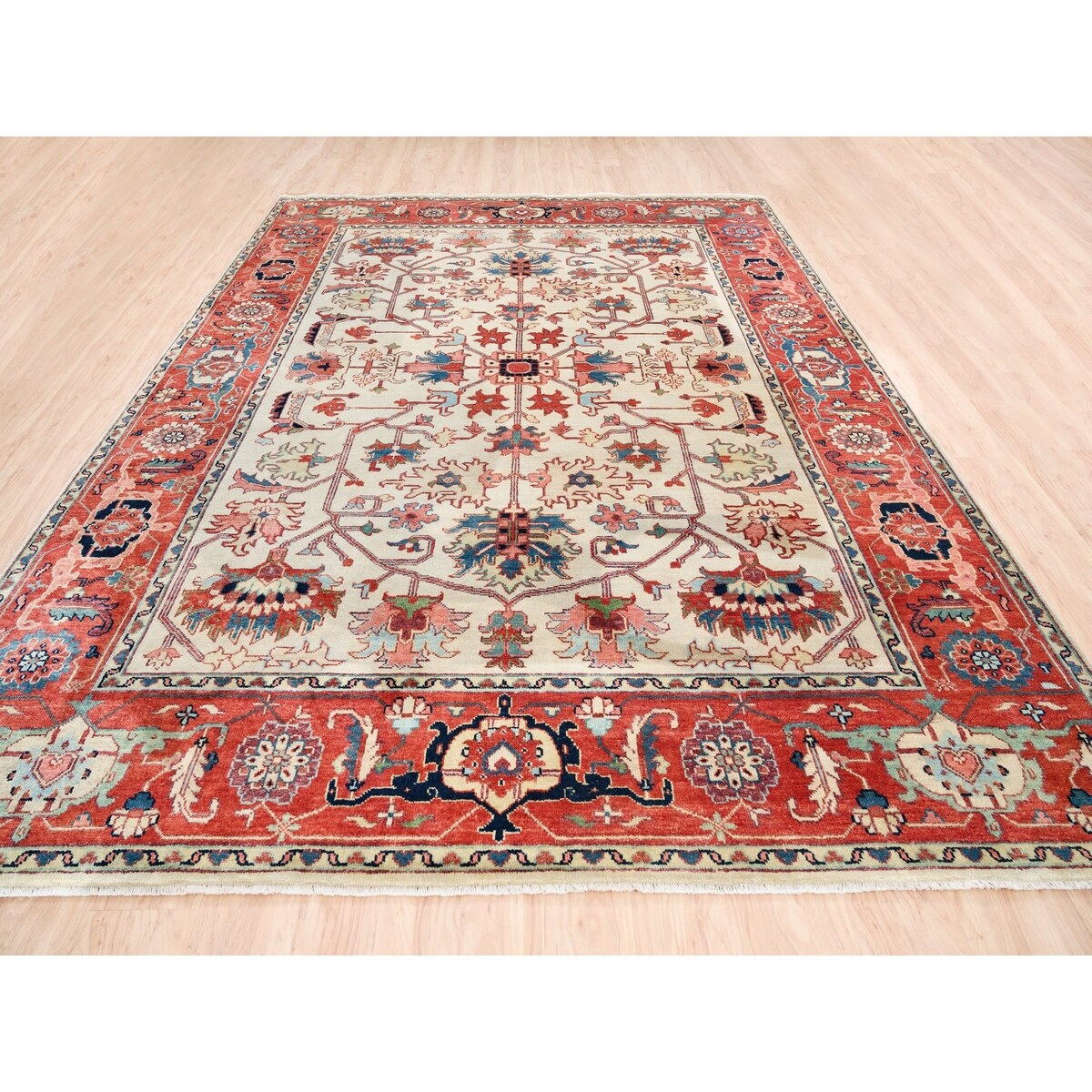 Shahbanu Rugs Hand Knotted Pure Wool Heriz Revival with All Over Design Ivory Oriental Rug (9'0" x 12'2") - 9'0" x 12'2"