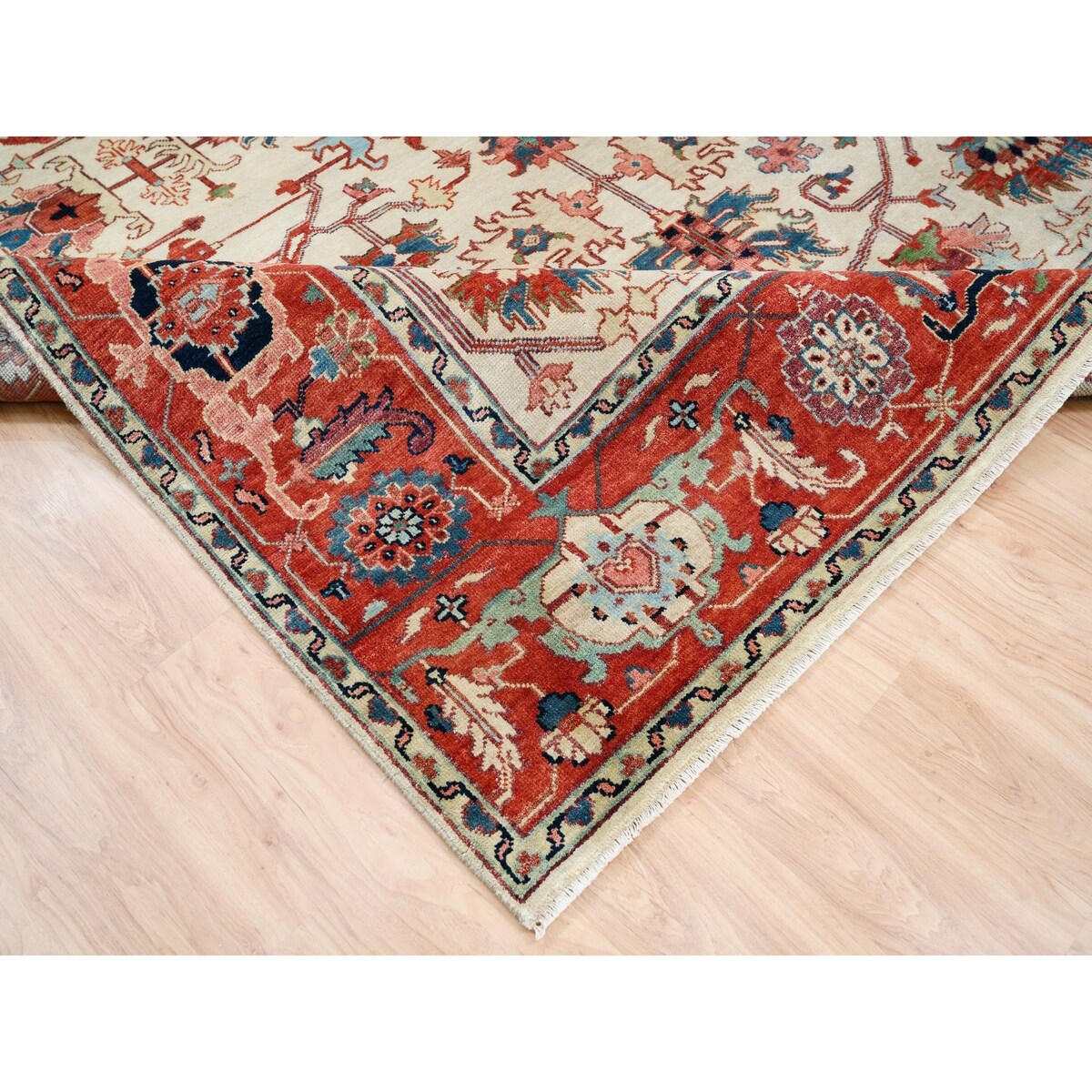 Shahbanu Rugs Hand Knotted Pure Wool Heriz Revival with All Over Design Ivory Oriental Rug (9'0" x 12'2") - 9'0" x 12'2"