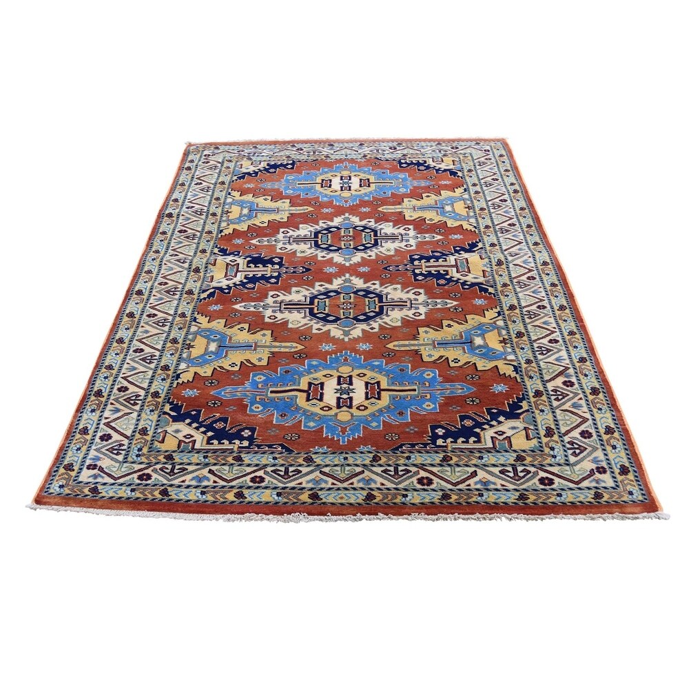 Shahbanu Rugs Hand Knotted Pure Wool Super Kazak Oriental Rug (4'2" x 6'3") - 4'2" x 6'3"