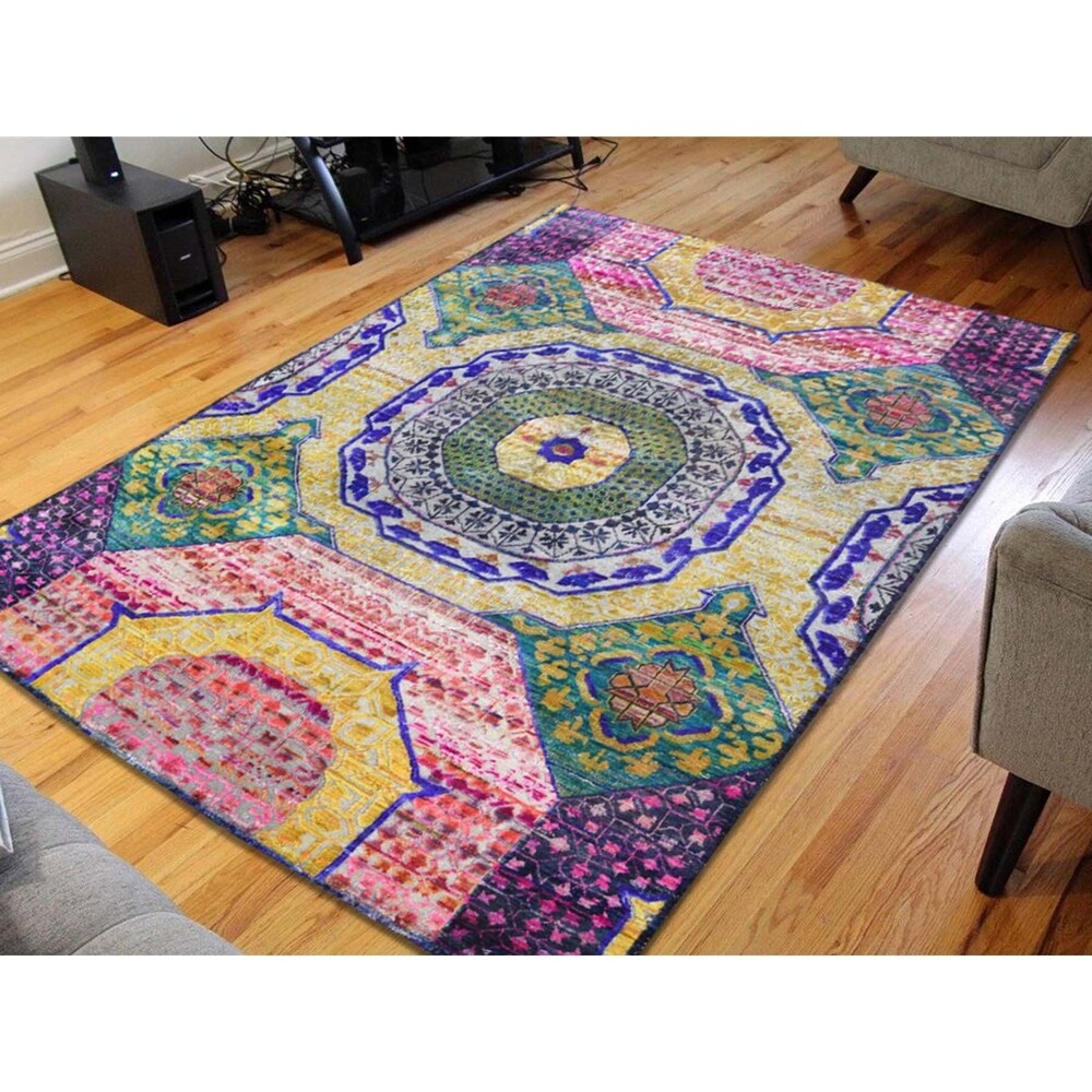 Shahbanu Rugs Hand-Knotted Sari Silk with Oxidized Wool Mamluk Design Rug (4'1" x 6'3") - 4'1" x 6'3"
