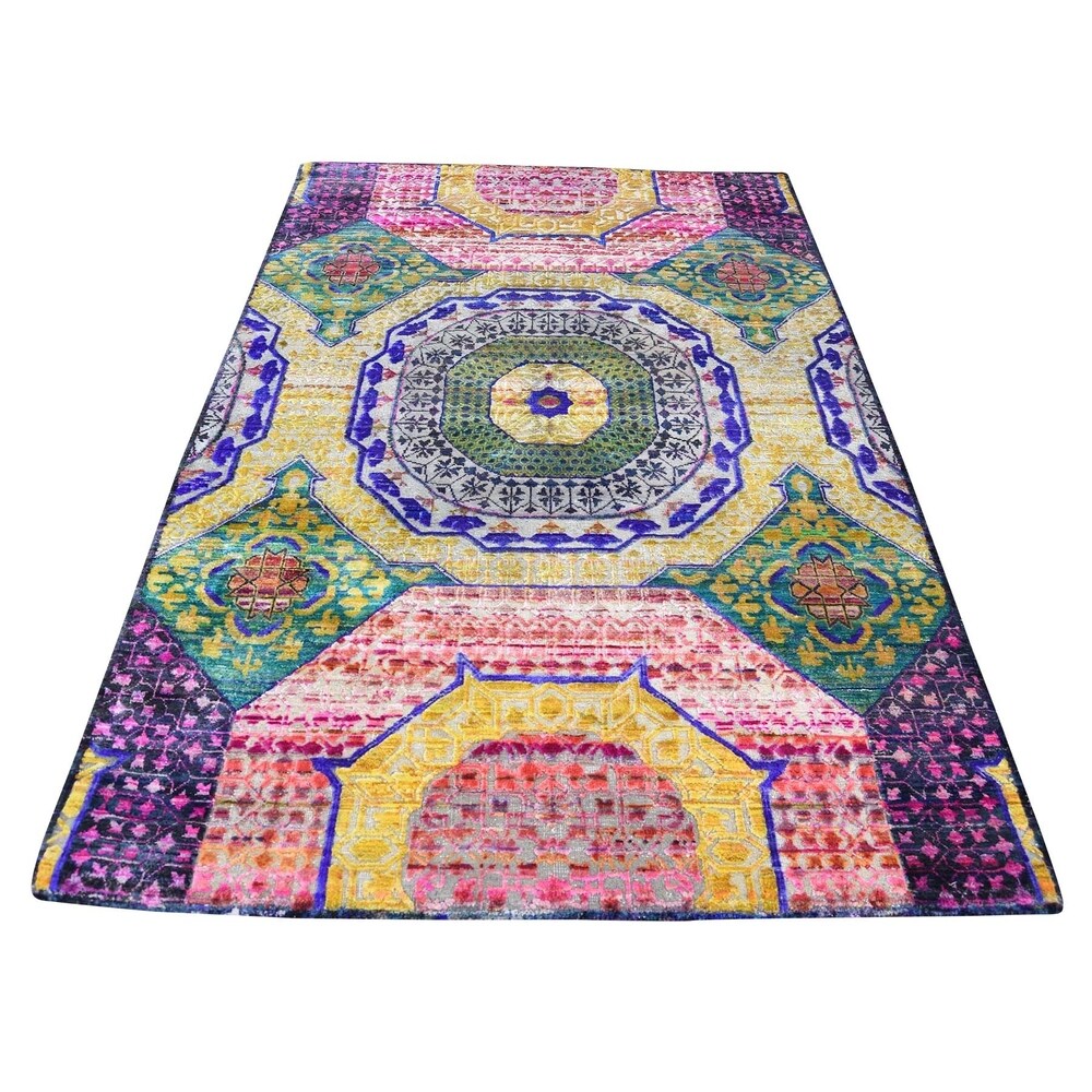 Shahbanu Rugs Hand-Knotted Sari Silk with Oxidized Wool Mamluk Design Rug (4'1" x 6'3") - 4'1" x 6'3"