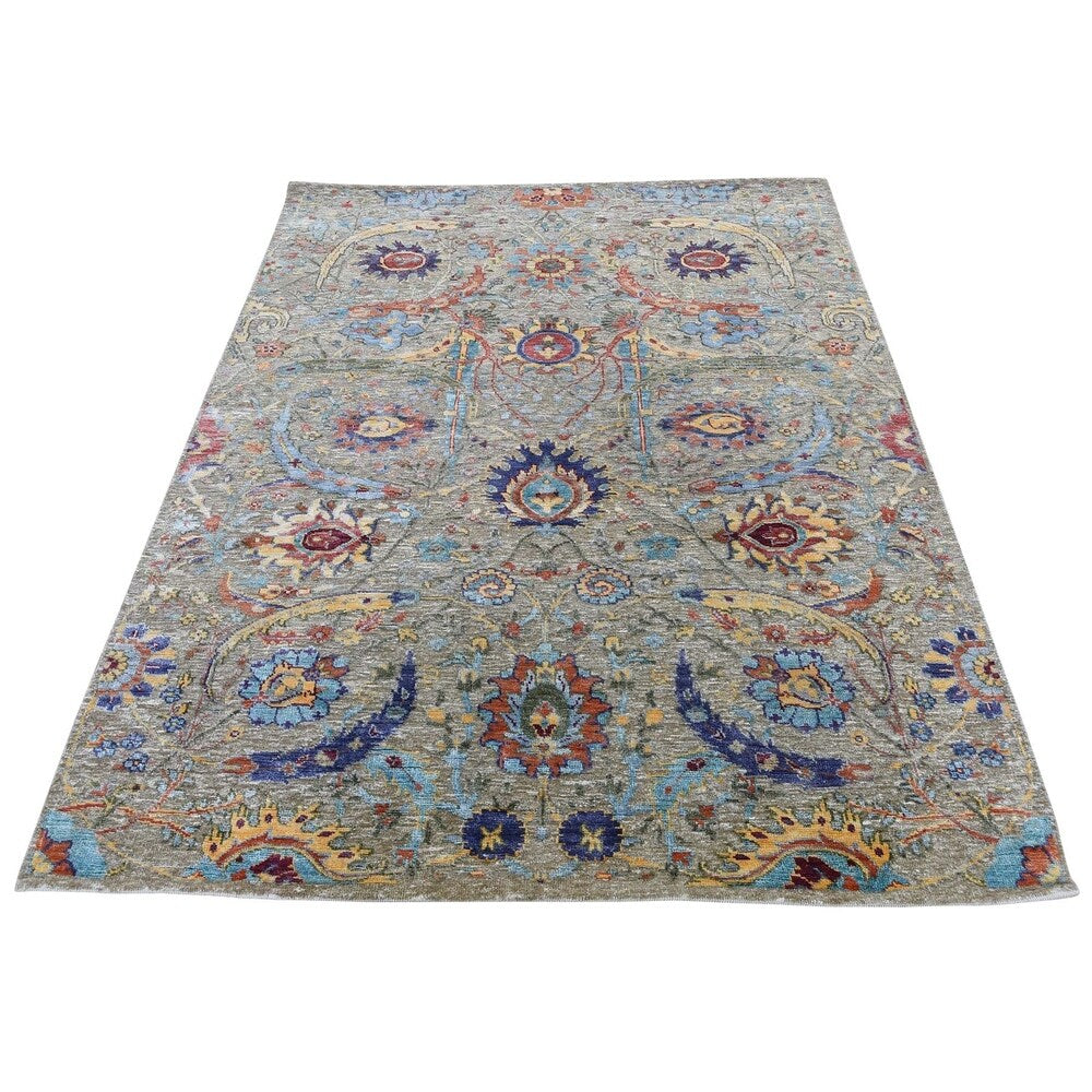 Shahbanu Rugs Hand-Knotted Sickle Leaf Design Silk With Textured Wool Oriental Rug (4'0" x 6'0") - 4'0" x 6'0"