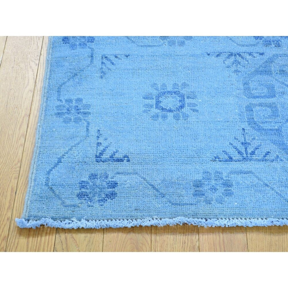 Shahbanu Rugs Hand-Knotted Sky Blue Overdyed Khotan Pure Wool Oriental Rug (2'0" x 2'10") - 2'0" x 2'10"