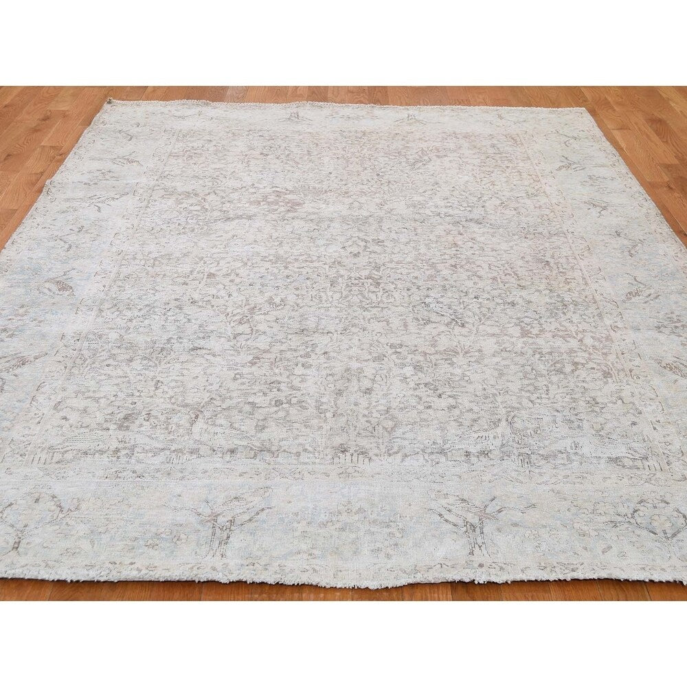 Shahbanu Rugs Hand-Knotted White Wash Vintage Kerman With Birds Worn Pile Rug (6'3" x 9'1") - 6'3" x 9'1"