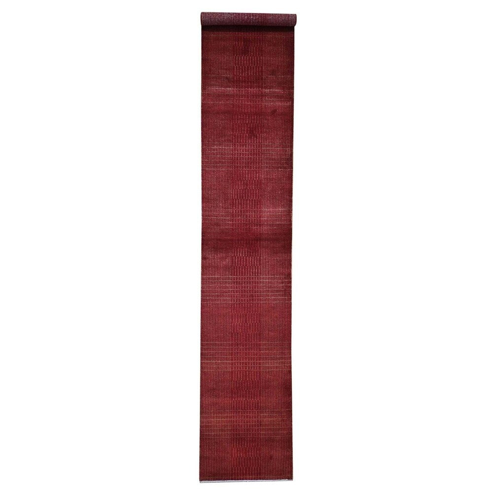 Shahbanu Rugs Hand-Knotted Wool and Silk Tone-on-Tone Red Nepali Runner Oriental Rug (2'2" x 10'1") - 2'2" x 10'1"