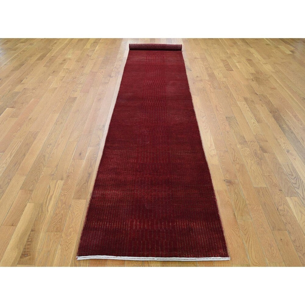 Shahbanu Rugs Hand-Knotted Wool and Silk Tone-on-Tone Red Nepali Runner Oriental Rug (2'2" x 10'1") - 2'2" x 10'1"