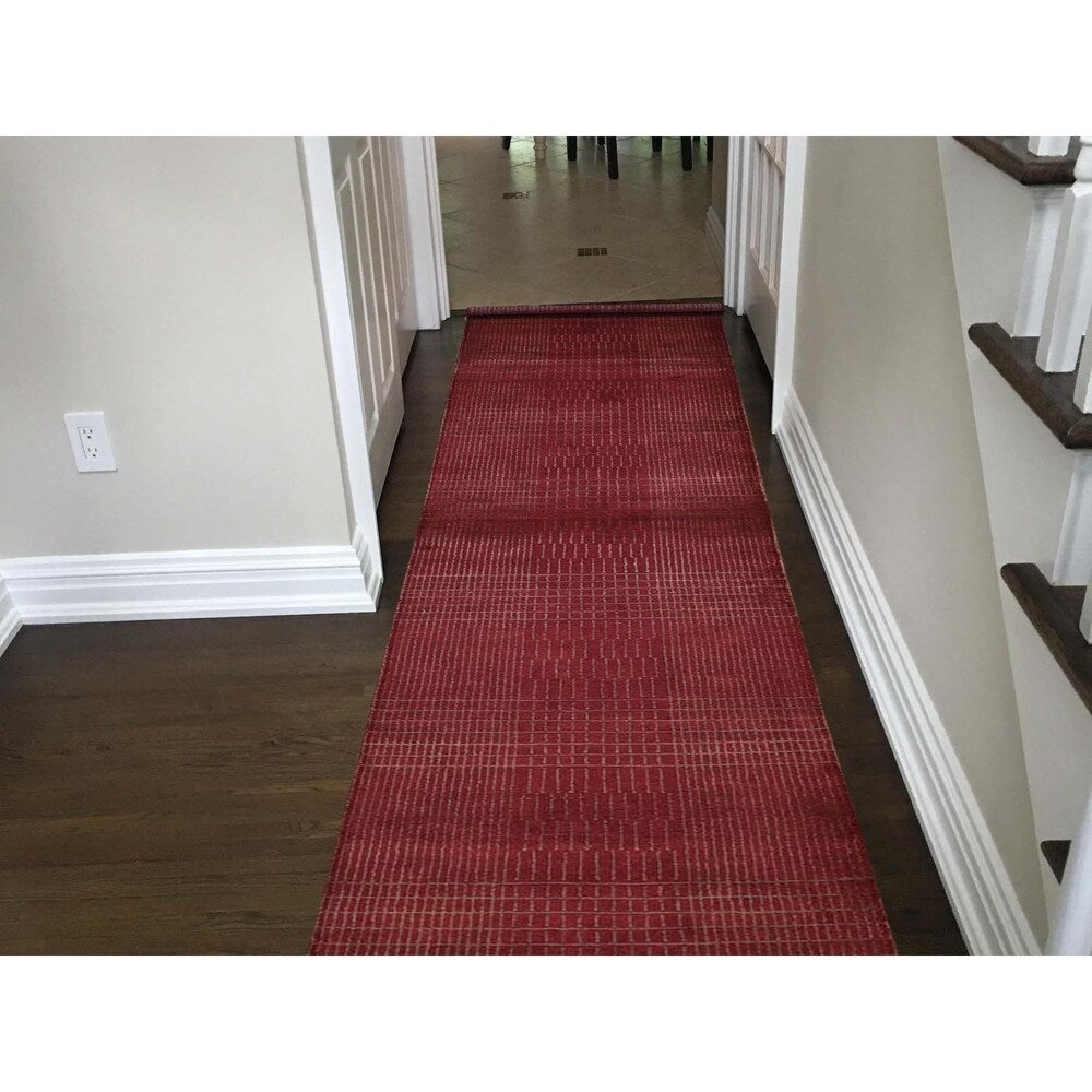 Shahbanu Rugs Hand-Knotted Wool and Silk Tone-on-Tone Red Nepali Runner Oriental Rug (2'2" x 10'1") - 2'2" x 10'1"