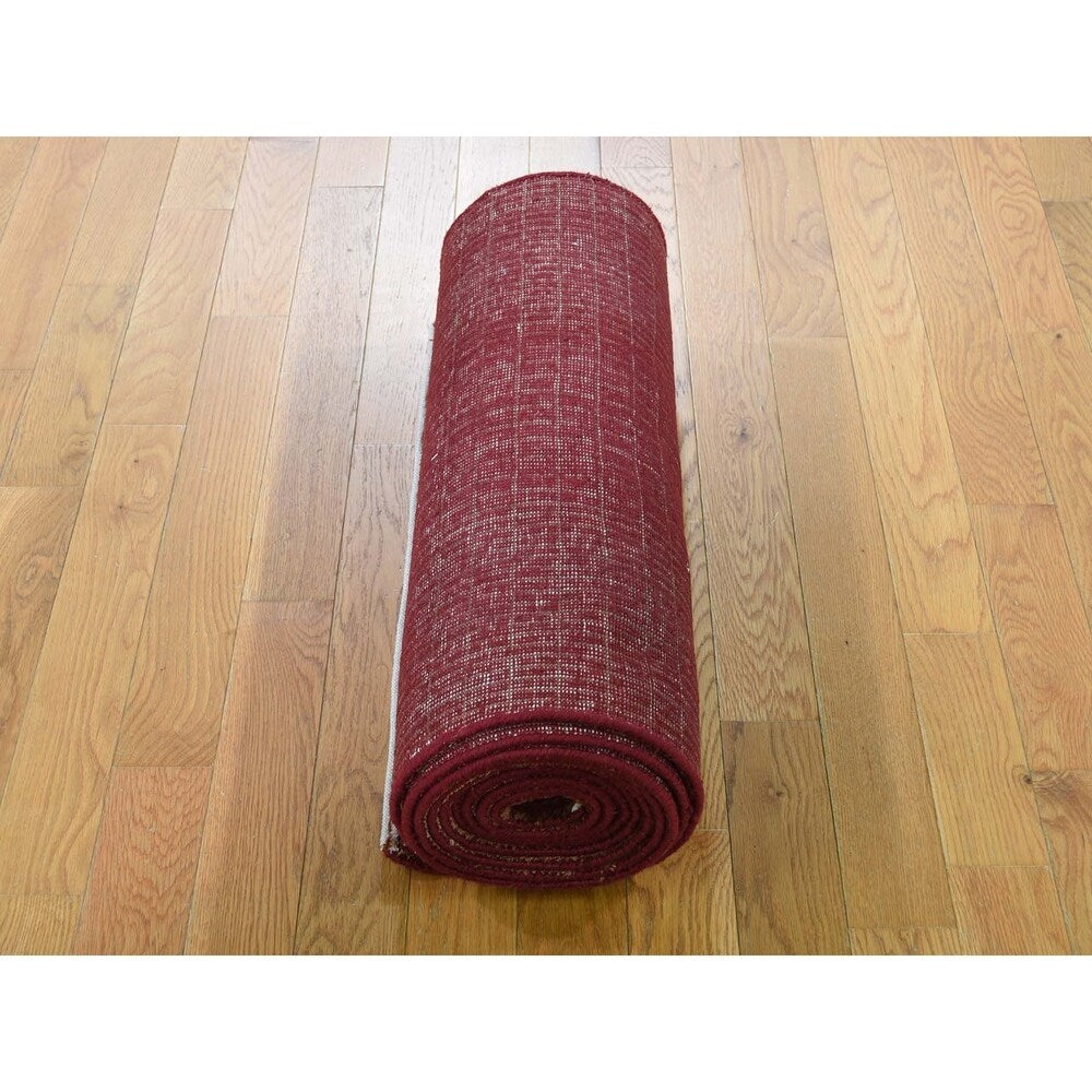 Shahbanu Rugs Hand-Knotted Wool and Silk Tone-on-Tone Red Nepali Runner Oriental Rug (2'2" x 10'1") - 2'2" x 10'1"