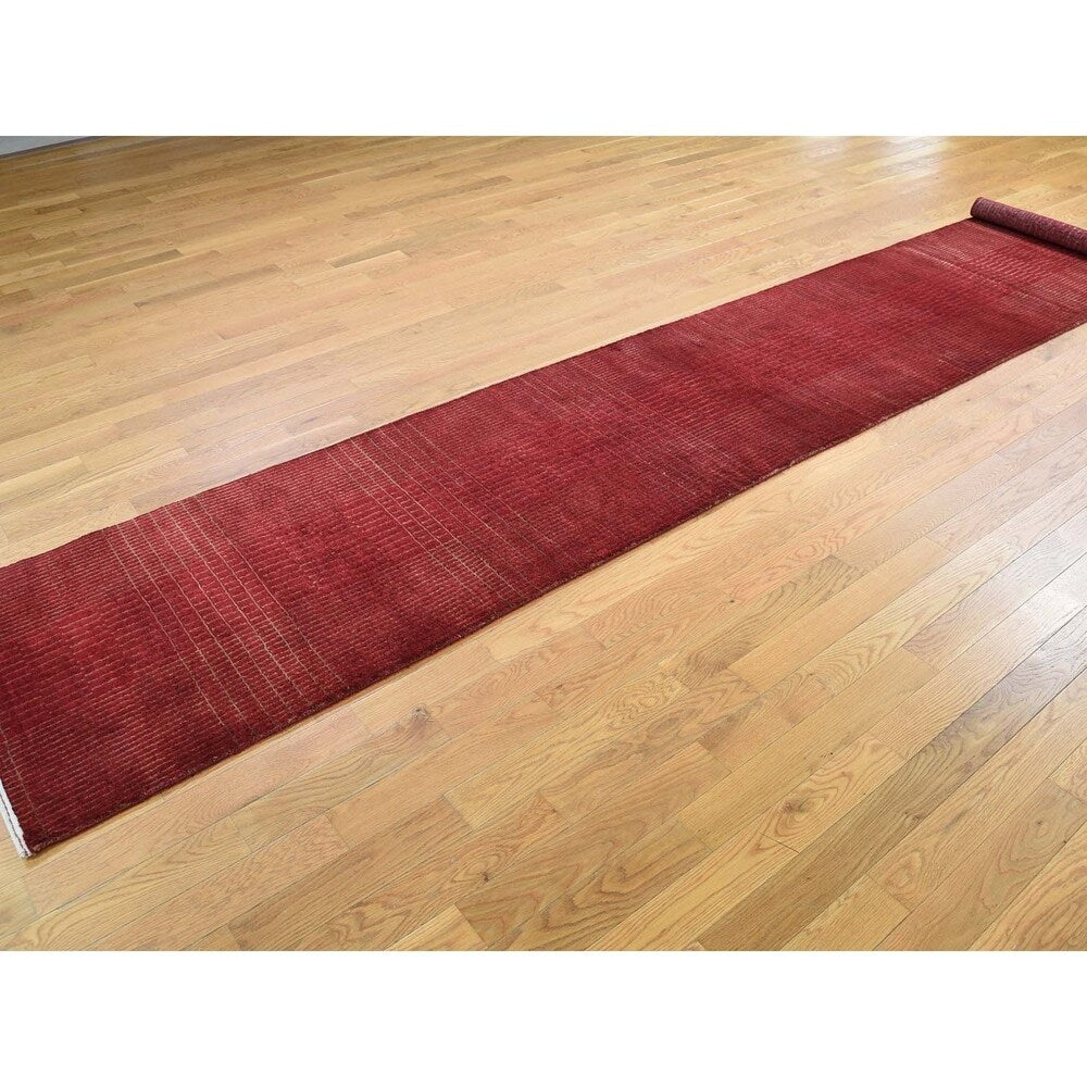 Shahbanu Rugs Hand-Knotted Wool and Silk Tone-on-Tone Red Nepali Runner Oriental Rug (2'2" x 10'1") - 2'2" x 10'1"
