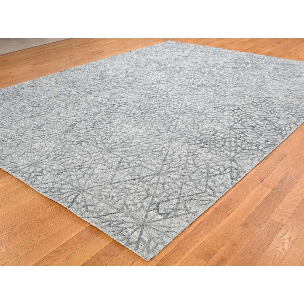 Shahbanu Rugs Hand-Loomed Tone on Tone Hi-Lo Pile Wool and Silk Oriental Rug - 9'0" x 11'10"