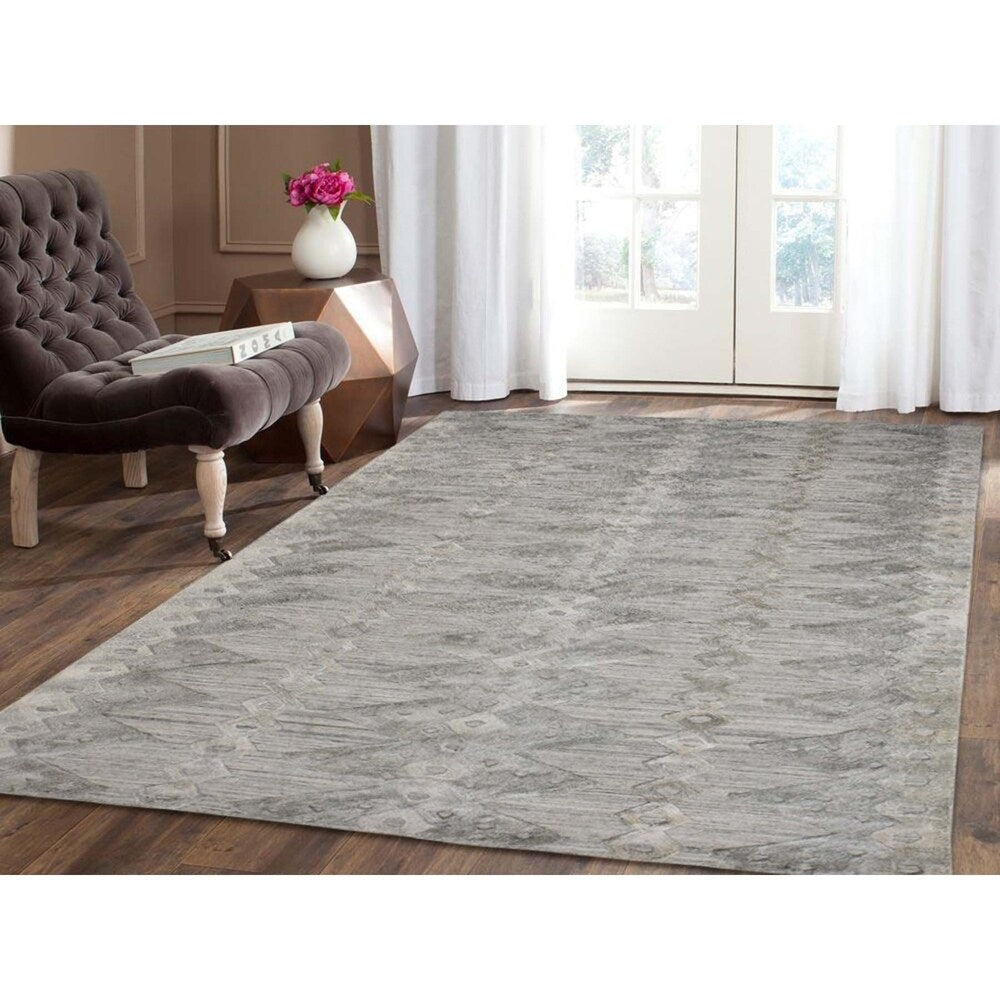 Shahbanu Rugs Hand Loomed Wool and Silk Modern Geometric Design Hi-Lo Pile Rug - 6'3" x 9'2"