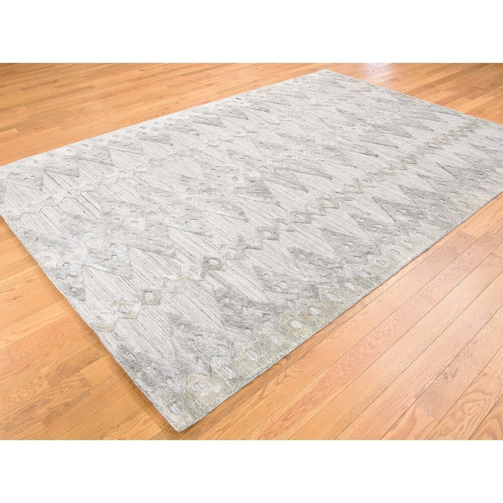Shahbanu Rugs Hand Loomed Wool and Silk Modern Geometric Design Hi-Lo Pile Rug - 6'3" x 9'2"