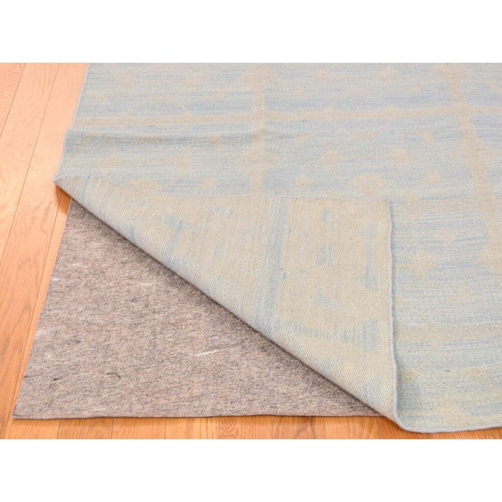 Shahbanu Rugs Hand-Woven Pure Wool Sky Blue Reversible Kilim Flat Weave Rug - 5'0" x 7'0"