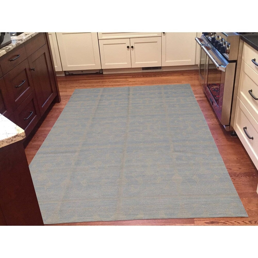 Shahbanu Rugs Hand-Woven Pure Wool Sky Blue Reversible Kilim Flat Weav
