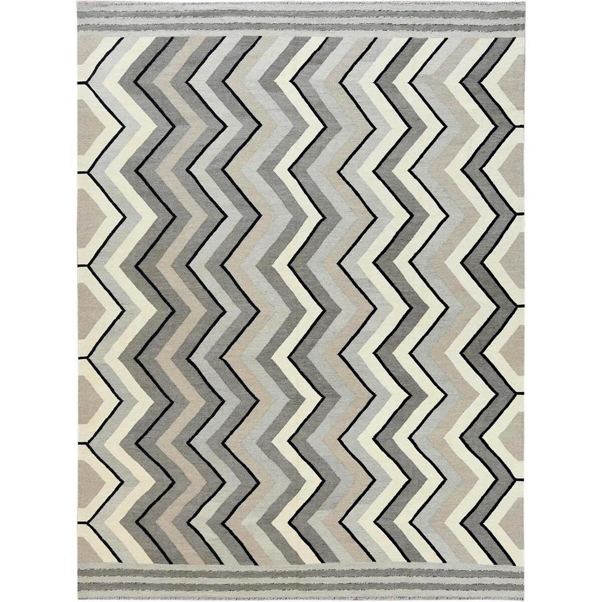 Shahbanu Rugs Hand Woven Taupe Geometric Zigzag Design Flat Weave Kilim Handspun Wool Reversible Oriental Rug (9'2" x 12'0")