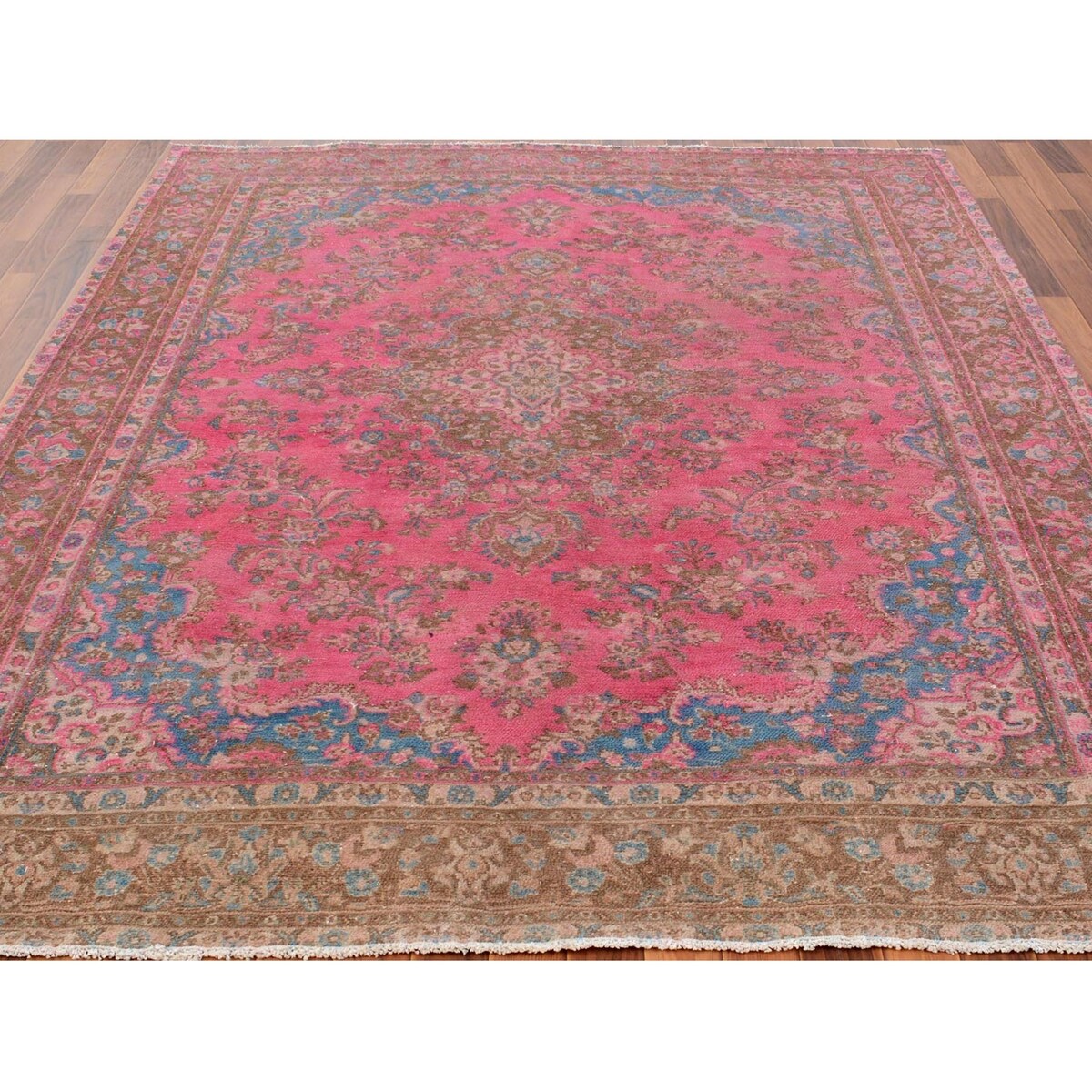 Hot Pink Vintage Persian Mashad Worn Down Handmade Rug(7'x9'9") - 7'0" x 9'9"