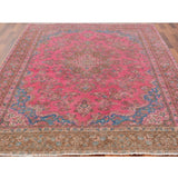Hot Pink Vintage Persian Mashad Worn Down Handmade Rug(7'x9'9") - 7'0" x 9'9"