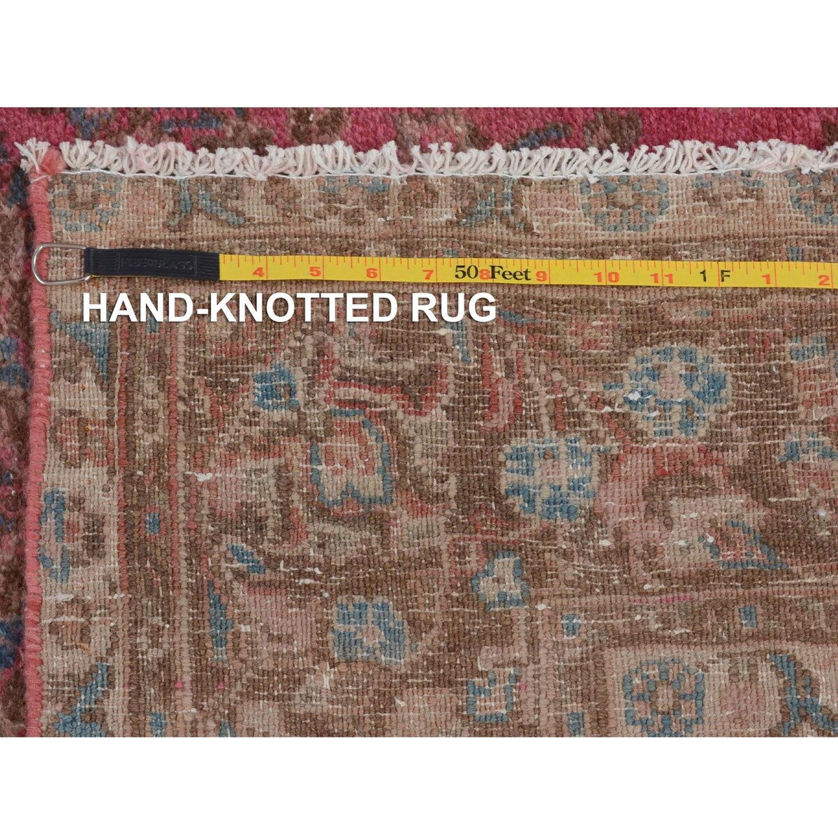 Hot Pink Vintage Persian Mashad Worn Down Handmade Rug(7'x9'9") - 7'0" x 9'9"