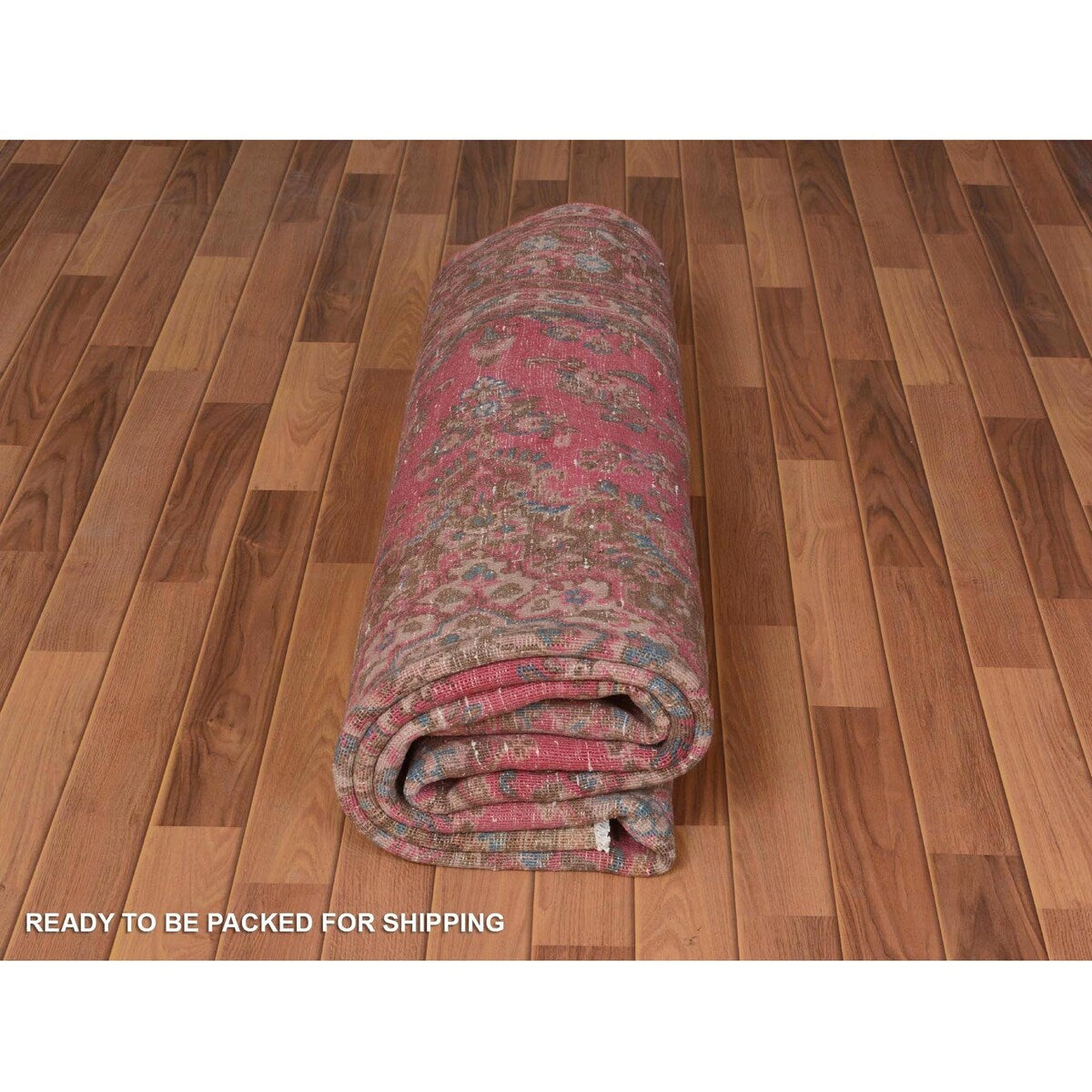 Hot Pink Vintage Persian Mashad Worn Down Handmade Rug(7'x9'9") - 7'0" x 9'9"