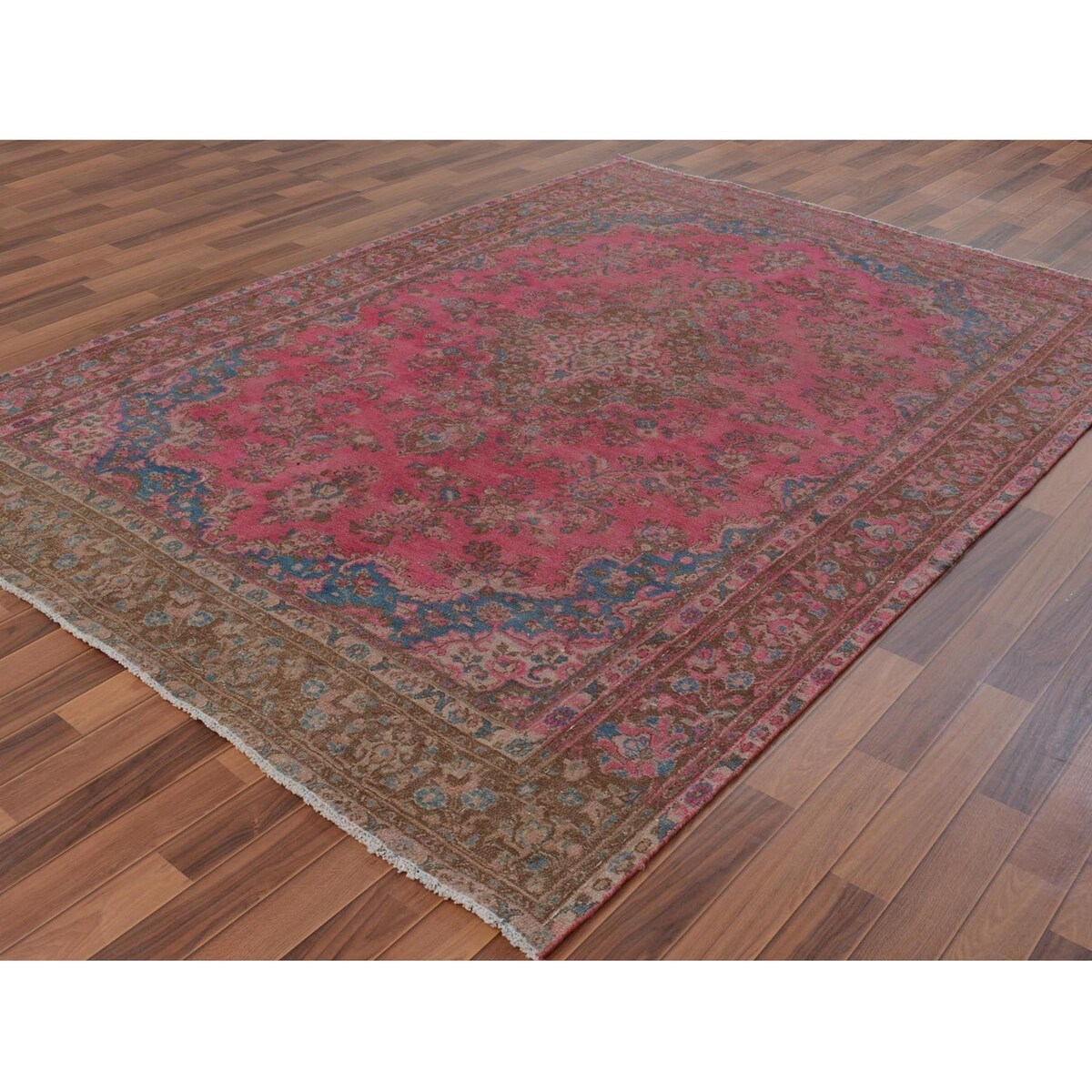Hot Pink Vintage Persian Mashad Worn Down Handmade Rug(7'x9'9") - 7'0" x 9'9"