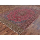 Hot Pink Vintage Persian Mashad Worn Down Handmade Rug(7'x9'9") - 7'0" x 9'9"
