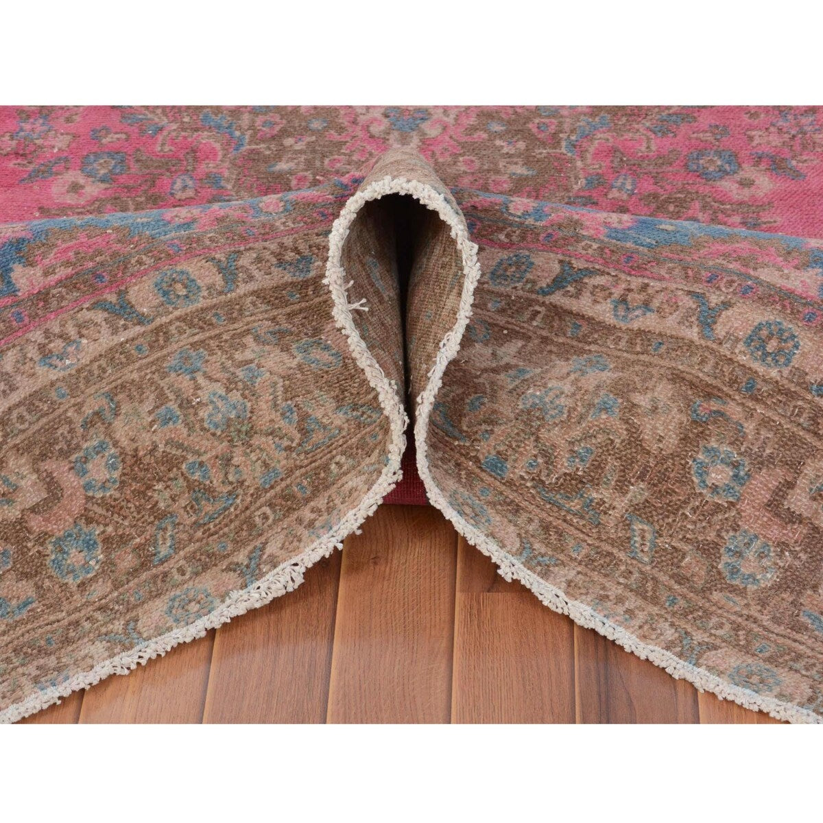 Hot Pink Vintage Persian Mashad Worn Down Handmade Rug(7'x9'9") - 7'0" x 9'9"