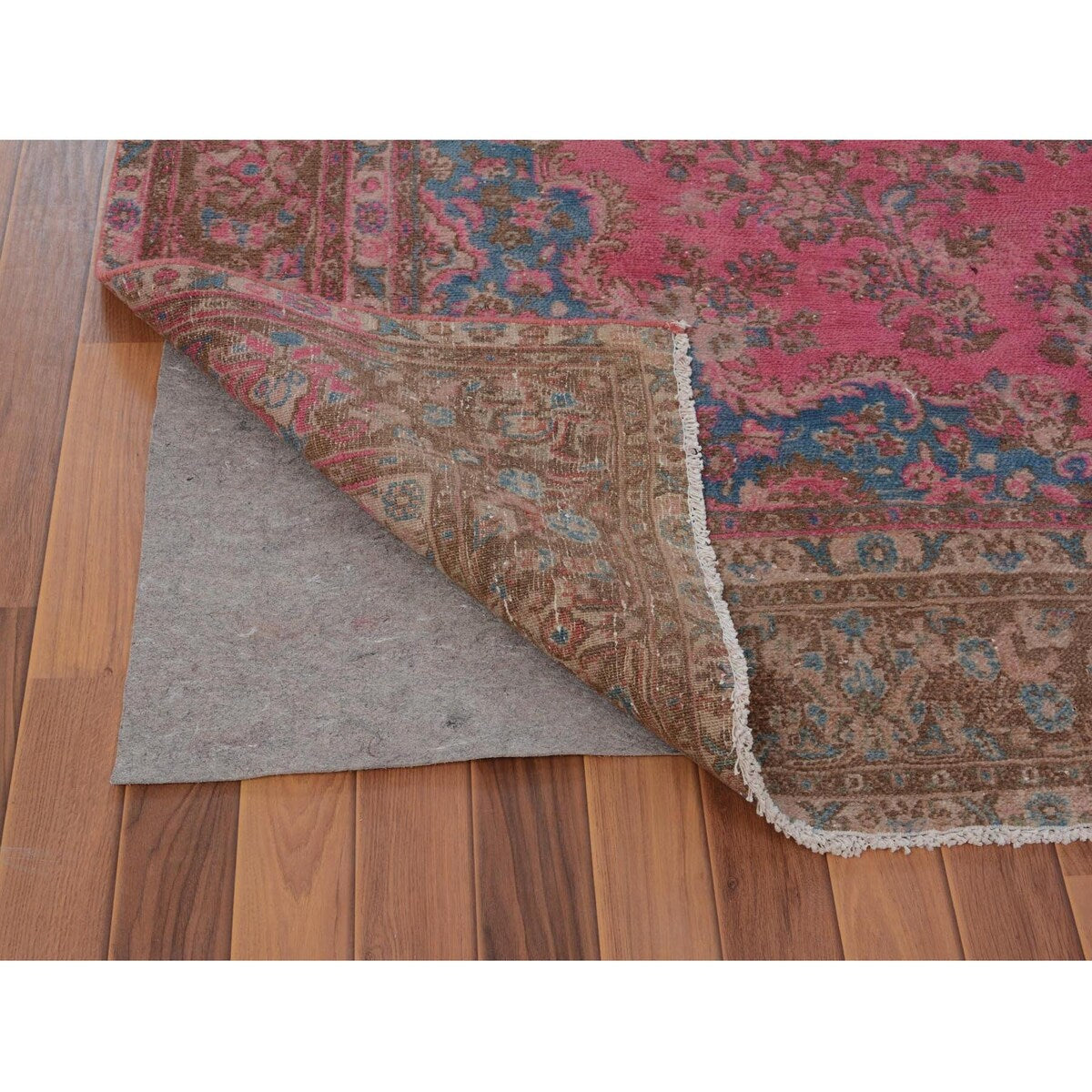 Hot Pink Vintage Persian Mashad Worn Down Handmade Rug(7'x9'9") - 7'0" x 9'9"