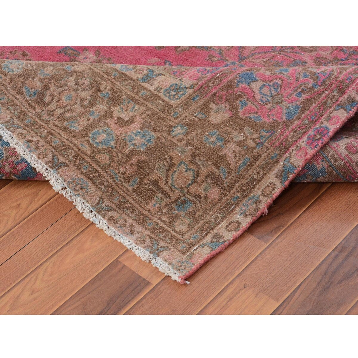 Hot Pink Vintage Persian Mashad Worn Down Handmade Rug(7'x9'9") - 7'0" x 9'9"