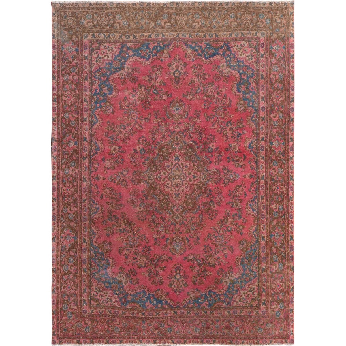 Hot Pink Vintage Persian Mashad Worn Down Handmade Rug(7'x9'9") - 7'0" x 9'9"