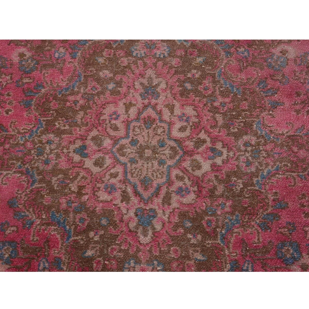 Hot Pink Vintage Persian Mashad Worn Down Handmade Rug(7'x9'9") - 7'0" x 9'9"