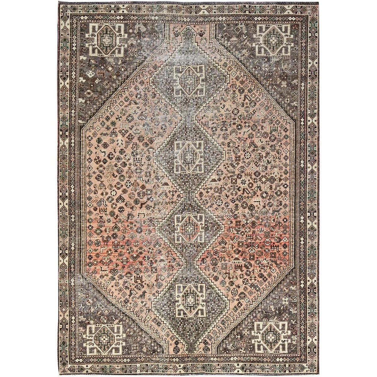 Shahbanu Rugs Irish Cream Brown with Taupe Corners Distressed Look Woo