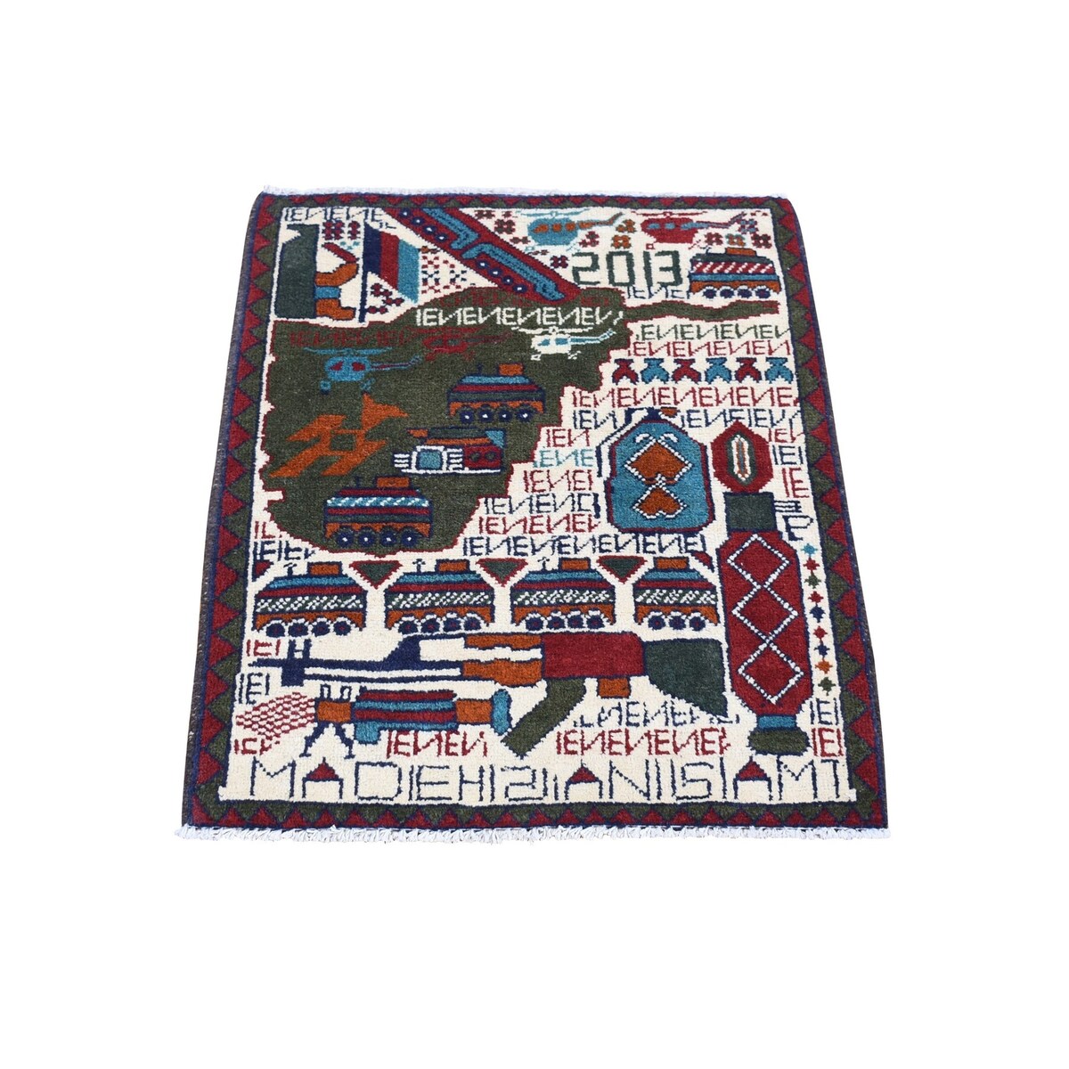 Shahbanu Rugs Ivory Collectible Russian Invasion Afghan War Design Tanks Guns Choppers Wool Hand Knotted Mat Rug (1'10" x 2'6")