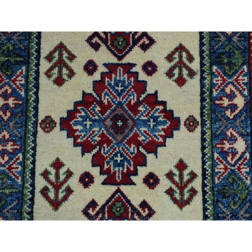 Shahbanu Rugs Ivory Geometric Design Kazak Pure Wool Hand-Knotted Oriental Rug (2'0" x 3'0") - 2'0" x 3'0"